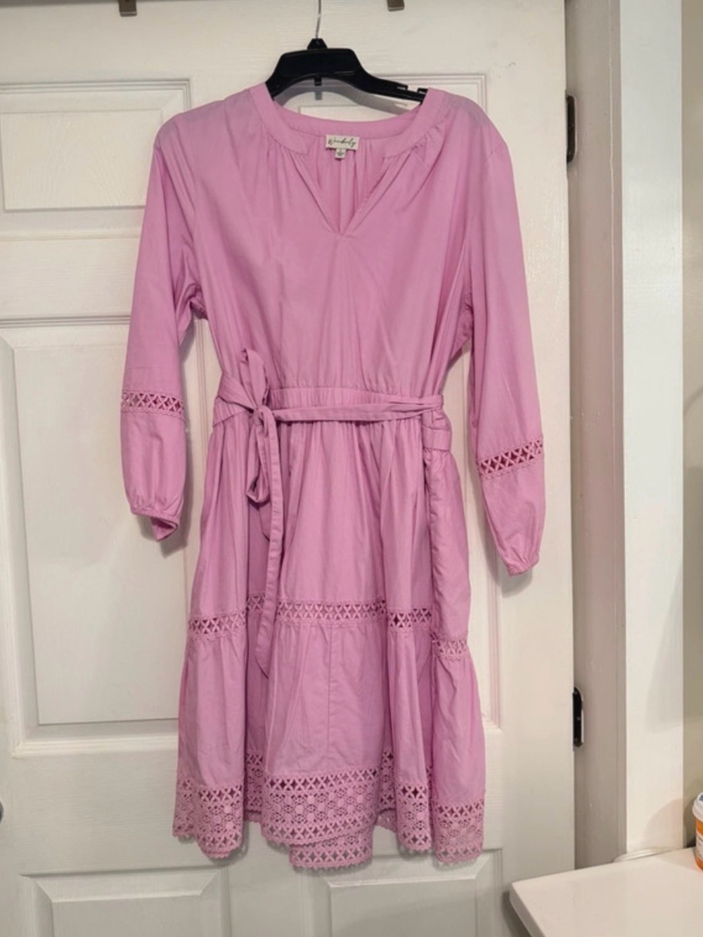Wonderly Pink Eyelet Tiered Midi Dress with Waist Tie